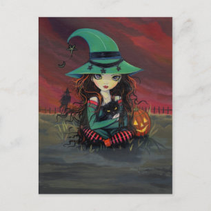Little Hexe und Black Cat Halloween Postkarte