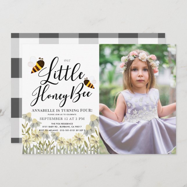 Little Honey Bee Daisy Birthday Foto Einladung (Vorne/Hinten)