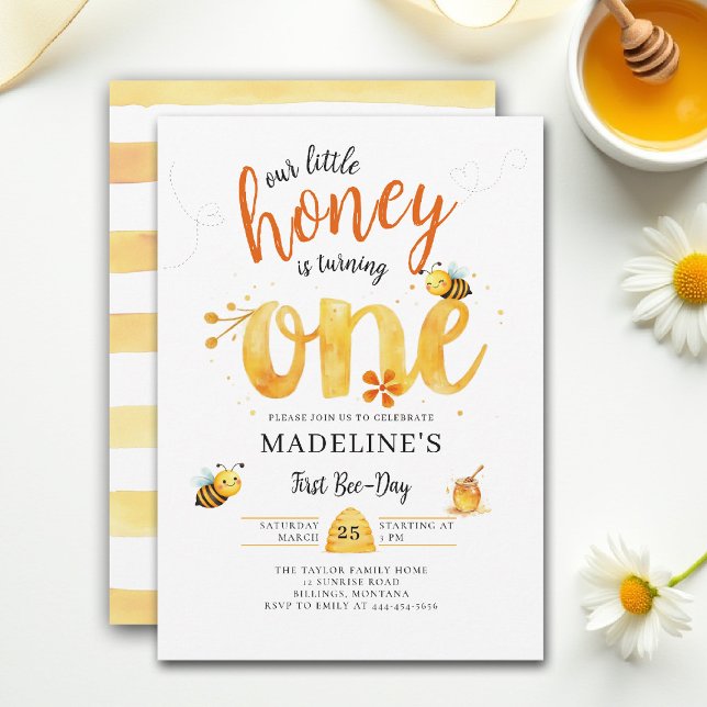 Little Honey Bee Day Cute Watercolor 1st Birthday Einladung (little honey bee one first birthday party invitation bumblebee floral watercolor summer cute simple)