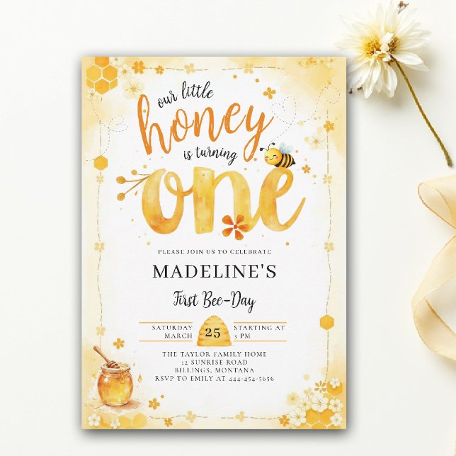 Little Honey Bee Day Watercolor Cute 1st Birthday Einladung (little honey bee one first birthday party invitation bumblebee floral watercolor summer elegant)