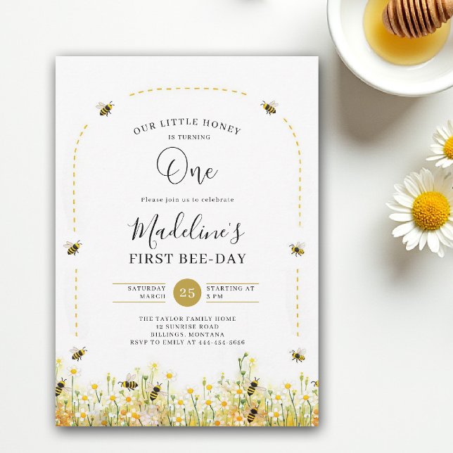 Little Honey Bee Day Wildflowers Arch 1st Birthday Einladung (little honey bee one first birthday party invitation floral watercolor summer modern wildflowers)