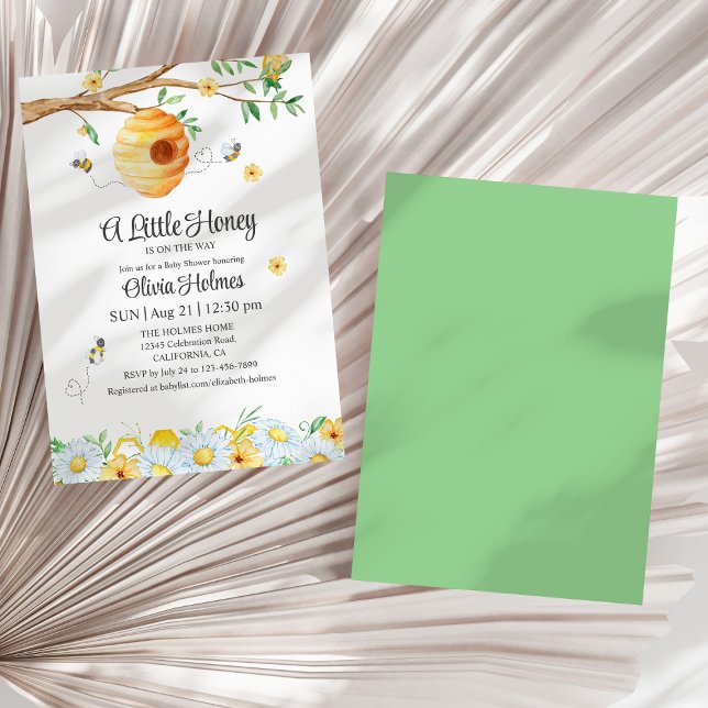 "Little Honey Bee" Einladung zur Kinderdusche ("Little Honey Bee" Baby Shower Invitation on a sunny white dry palm leaf.)