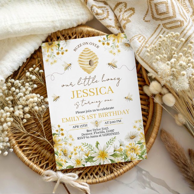 Little Honey Bee Floral First Birthday Invite Einladung (Von Creator hochgeladen)