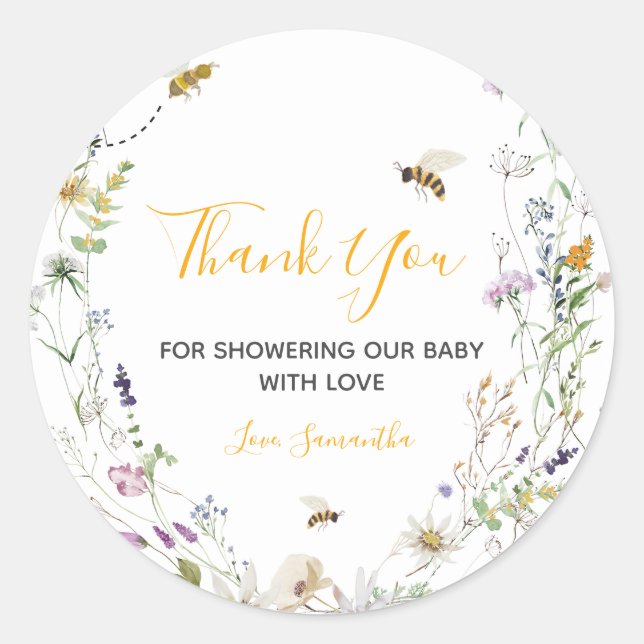 Little Honey Bee Wildblume Baby Dusche Danke Runder Aufkleber (Vorderseite)