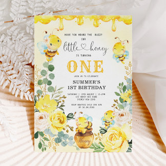 Little Honey Bee Yellow Floral 1. Geburtstag Party Einladung