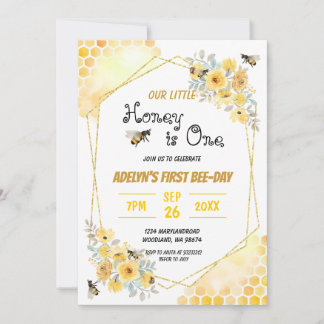 Little Honey Floral Watercolor Bee 1. Geburtstag Einladung