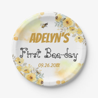 Little Honey Floral Watercolor Bee 1. Geburtstag Pappteller