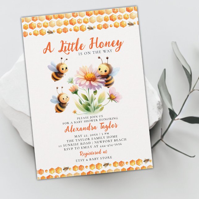 Little Honey Niedlich Bees Wildblume Baby Girl Dus Einladung (little honey bee baby girl shower invitation watercolor illustration cute whimsical wildflower)
