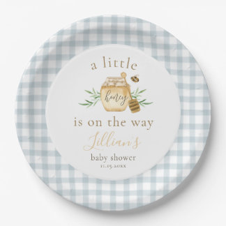 Little Honey On The Way Blue Gingham Baby Shower Pappteller
