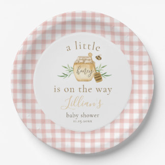 Little Honey On The Way Pink Gingham Baby Shower Pappteller