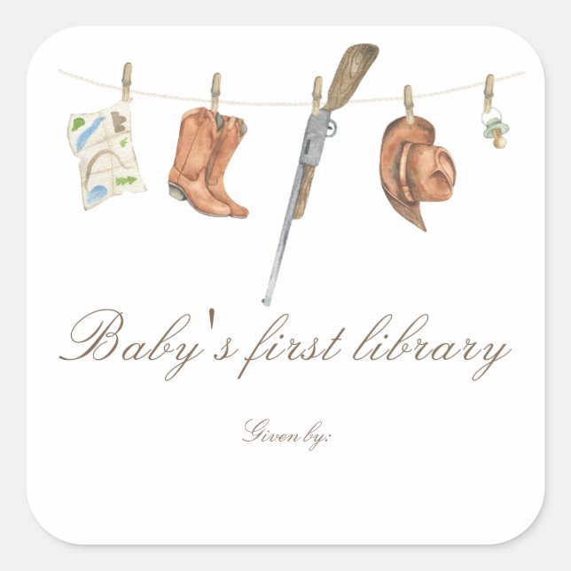 Little Hunter Baby shower - baby's first library Quadratischer Aufkleber (Vorderseite)