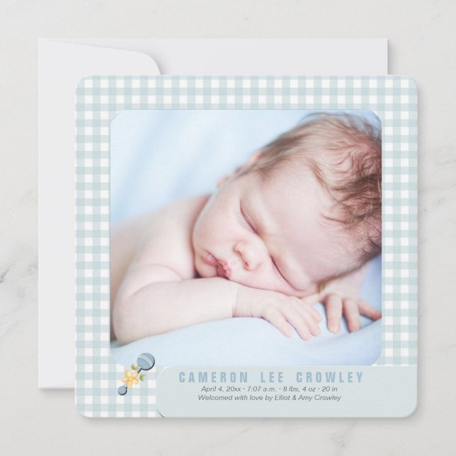 Little Karos Blue Foto Birth Ankündigung (Vorderseite)