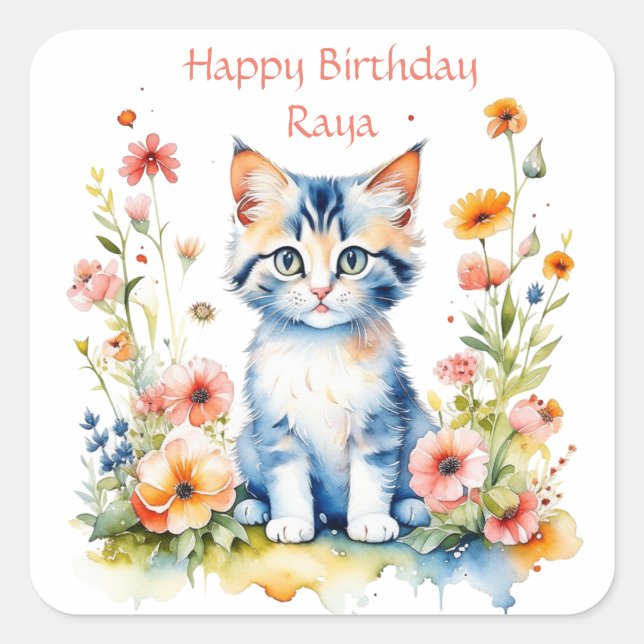 Little Kitten Girl's Birthday Party Personalisiert Quadratischer Aufkleber (Vorderseite)