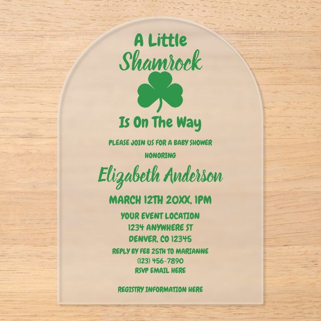 Little Kleeblatt St Patrick's Day Baby Shower Acryleinladungen (Vorderseite)