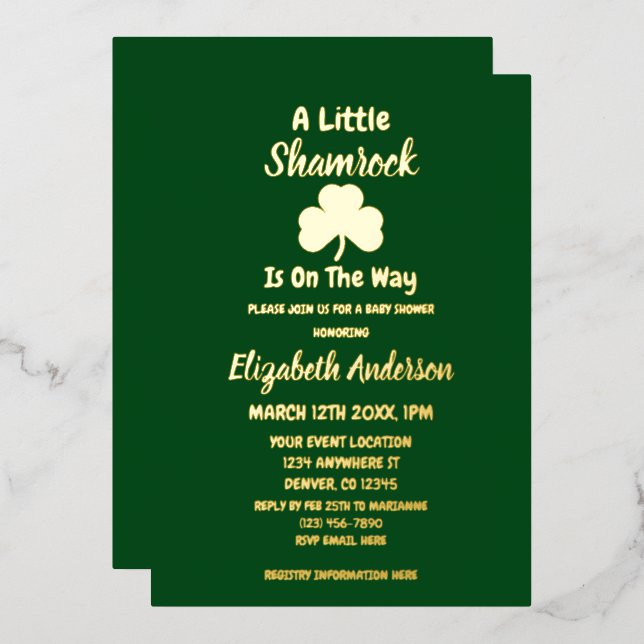 Little Kleeblatt St Patrick's Day Baby Shower Folieneinladung (Vorderseite/Rückseite)