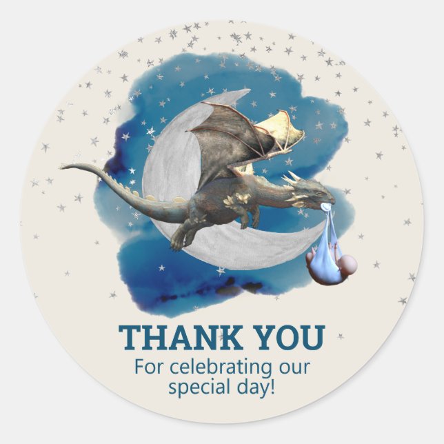 Little Knight Dragon Stars Danke, Baby Dusche Runder Aufkleber (Vorderseite)