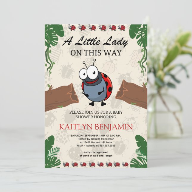 Little Lady Ladybug Girl Babydusche Einladung (Stehend Vorderseite)