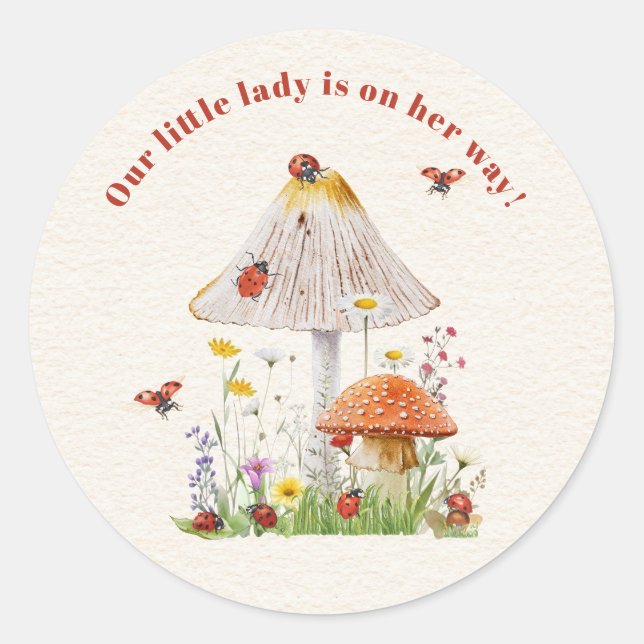 Little Lady Ladybug Mushroom Blume Babydusche Runder Aufkleber (Vorderseite)