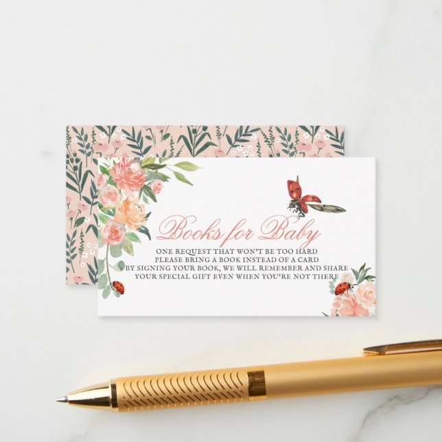 Little Lady Ladybug Rose Babydusche Buchanfrage Begleitkarte (Vorderseite/Rückseite Beispiel)