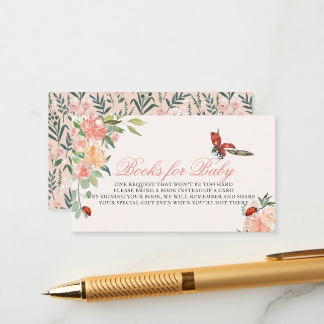 Little Lady Ladybug Rose Babydusche Buchanfrage Begleitkarte (Vorderseite/Rückseite Beispiel)