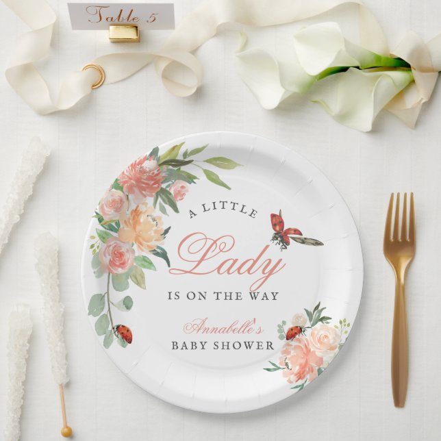 Little Lady Ladybug Roses Girl Baby Shower Pappteller (Hochzeit)