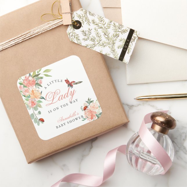 Little Lady Ladybug Roses Girl Baby Shower Quadratischer Aufkleber (Schenken)