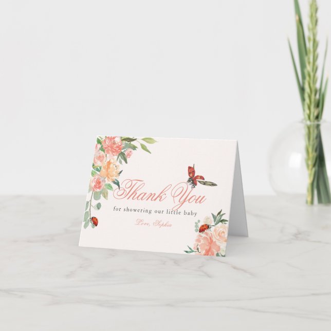 Little Lady Ladybug Roses Pink Baby Shower Dankeskarte (Vorderseite)