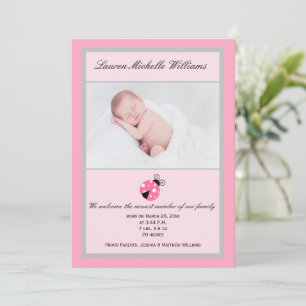 Little Ladybug Pink Gray Baby Girl Foto Birth Ankündigung