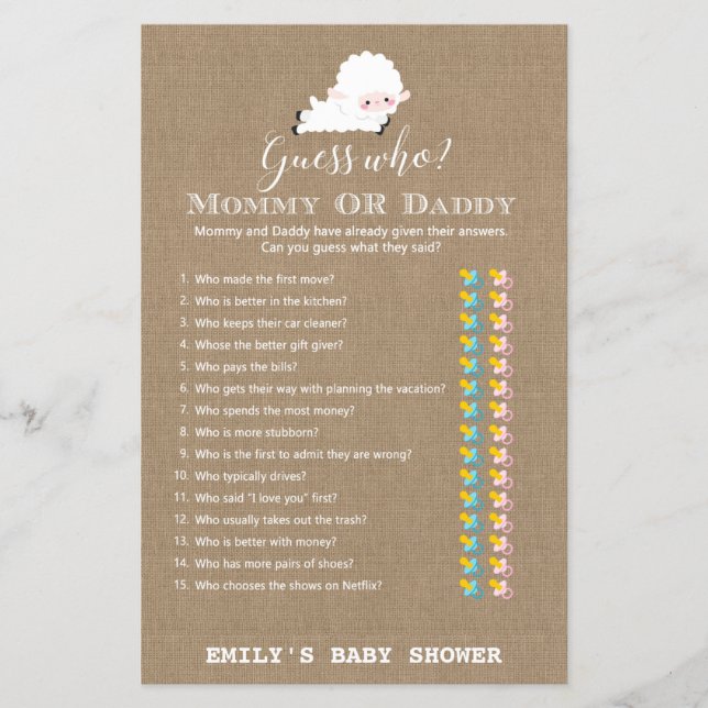Little Lamb Baby Shower Game PRINTED (Vorderseite)