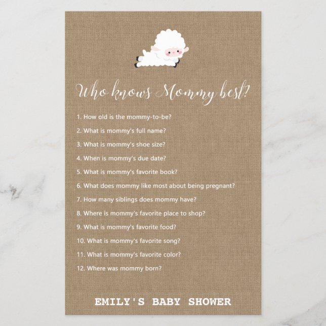 Little Lamb Baby Shower Game PRINTED (Vorderseite)