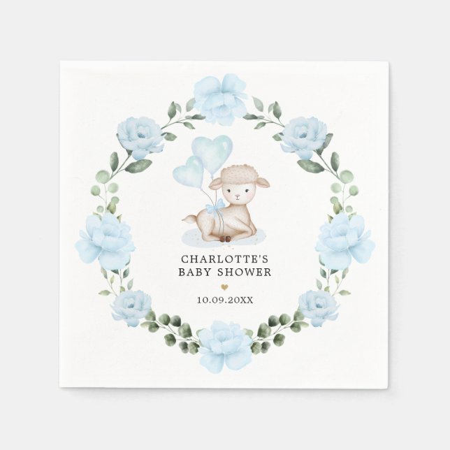 Little Lamb Blue Floral Greenery Baby Dusche Serviette (Vorderseite)