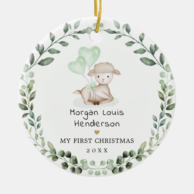 Little Lamb Greenery Wreath Baby First Christmas Keramik Ornament (Vorne)