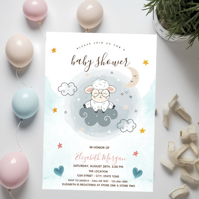 Little Lamb Sheep Cloud Moon Stars Baby Dusche Einladung (Von Creator hochgeladen)