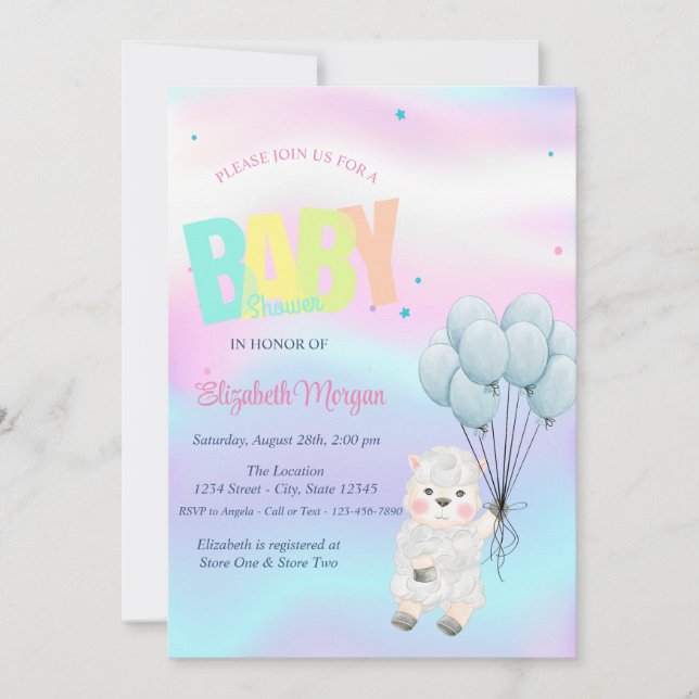 Little Lamb Sheep Holographic Baby Shower Einladung (Vorderseite)