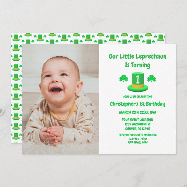 Little Leprechaun 1. Geburtstag Einladung (Vorne/Hinten)