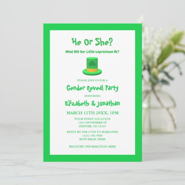 Little Leprechaun Gender Reveal Einladung (Stehend Vorderseite)