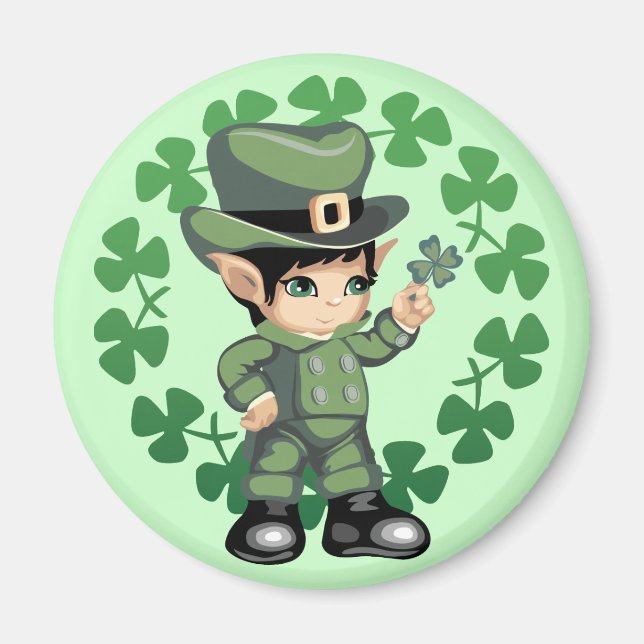 Little Leprechaun mit Kleeblättern Magnet (Vorne)