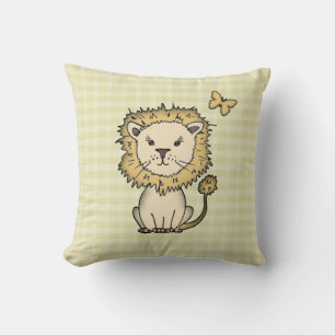 Little Lion and Butterfly on Yellow Kariert Kissen