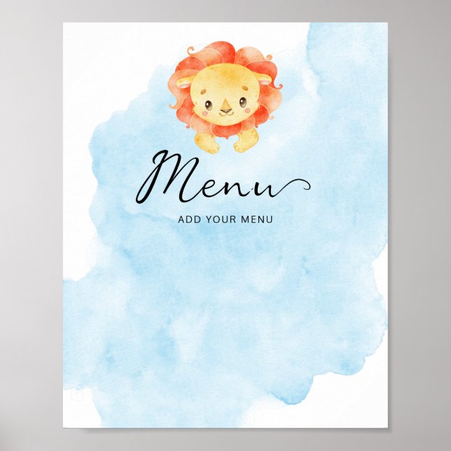 Little Lion sein Boy Watercolor Blue Menu Poster (Vorne)