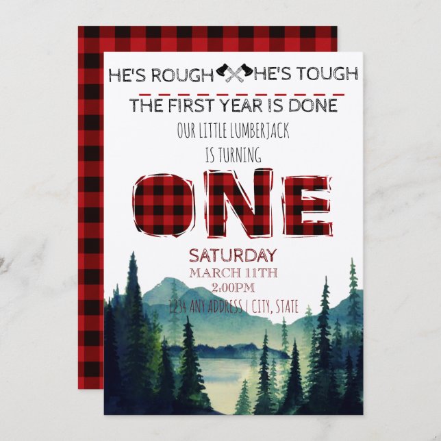 Little Lumberjack Birthday Invite - Buffalo Karier Einladung (Vorne/Hinten)