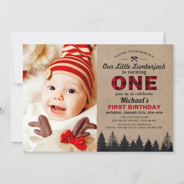 Little Lumberjack First Birthday Party Baby Foto Einladung (Vorderseite)