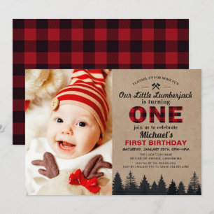 Little Lumberjack First Birthday Party Baby Foto Einladung