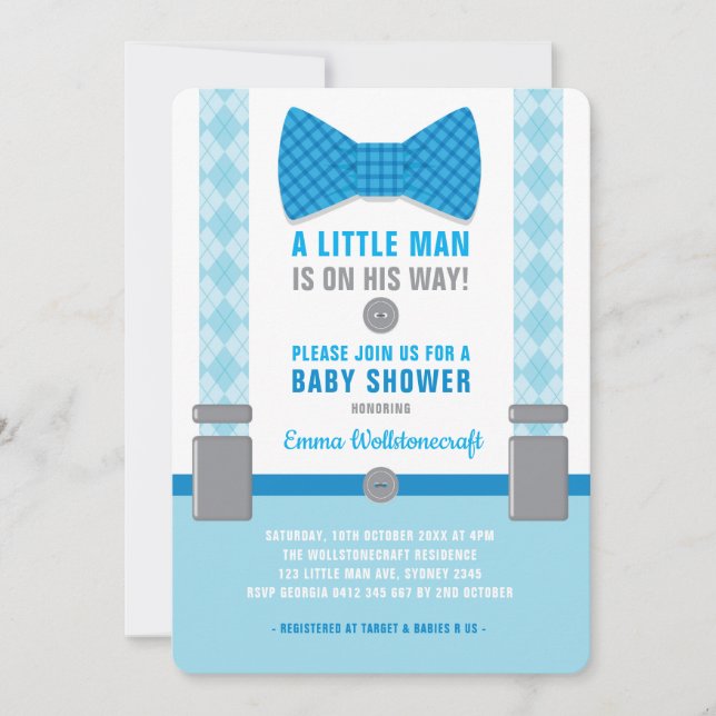 Little Man Baby Shower Einladung Blue Bowtie (Vorderseite)