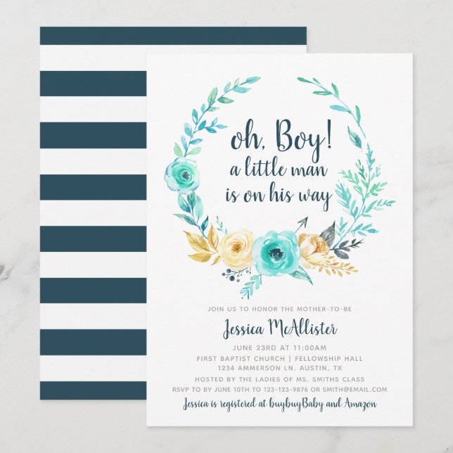 Little Man Baby Shower Einladung Blue Gray Card (Vorne/Hinten)