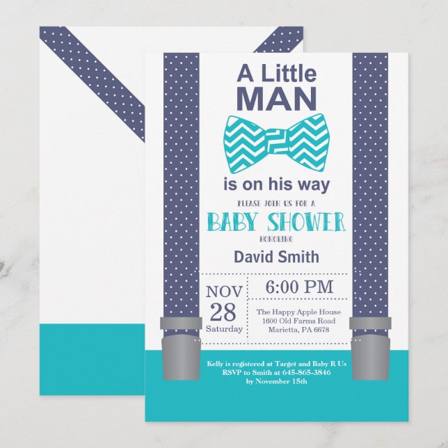 Little Man Baby Shower Einladung Navy Aquamarin Aq (Vorne/Hinten)