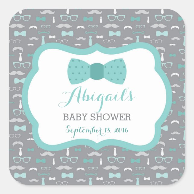 Little Man Baby Shower Sticker, Aquamarin, Aqua, G Quadratischer Aufkleber (Vorderseite)