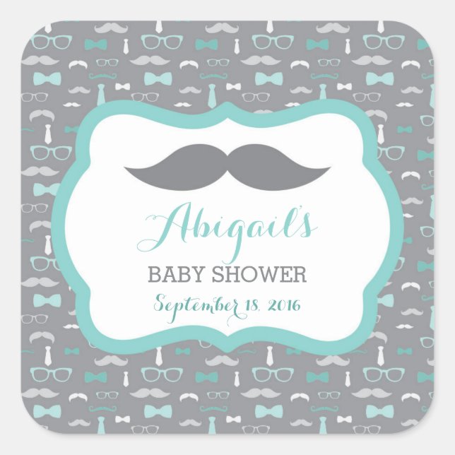 Little Man Baby Shower Sticker, Aquamarin, Aqua, G Quadratischer Aufkleber (Vorderseite)