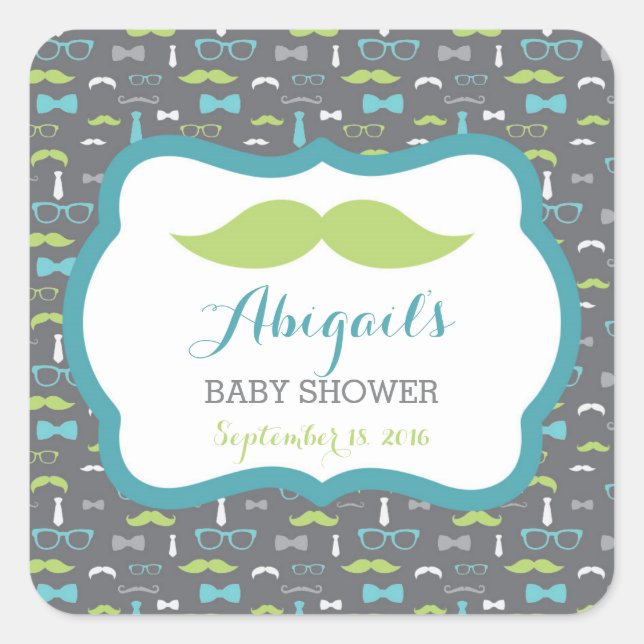 Little Man Baby Shower Sticker, Aquamarin, grün, g Quadratischer Aufkleber (Vorderseite)