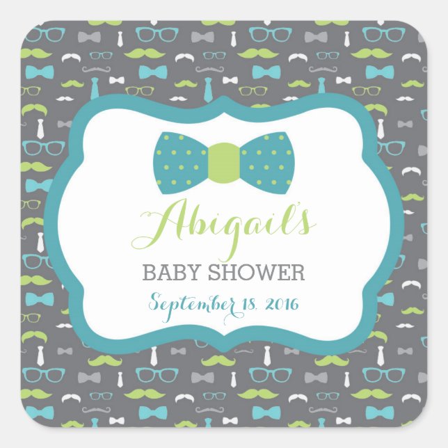 Little Man Baby Shower Sticker, Aquamarin, grün, g Quadratischer Aufkleber (Vorderseite)