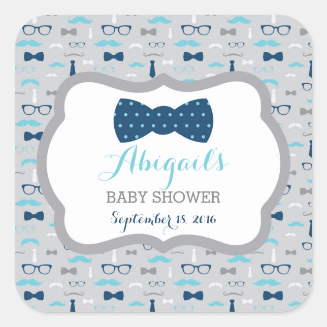 Little Man Baby Shower Sticker, Baby Blue, Navy Quadratischer Aufkleber (Vorderseite)